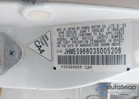 2003 Honda Civic Hybrid z USA, uszkodzony, nr VIN JHMES96603S005206